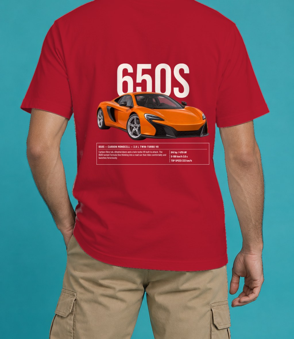 McLaren 650S T-Shirt in Red, back view, worn by a model