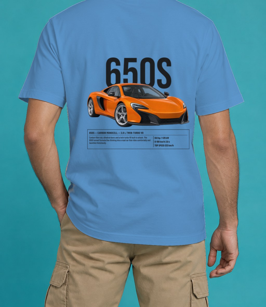 McLaren 650S T-Shirt in Royal Caribe, back view, worn by a model