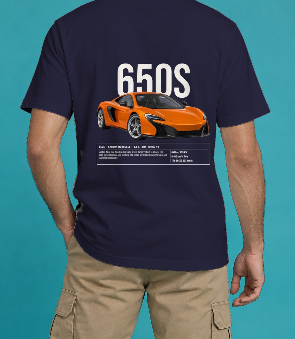 McLaren 650S T-Shirt in True Navy, back view, worn by a model