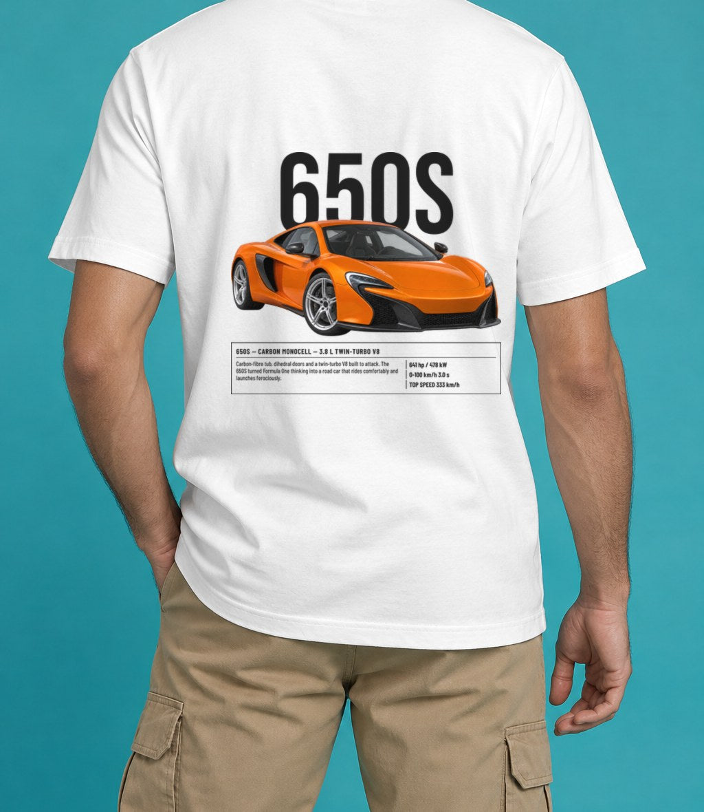 McLaren 650S T-Shirt in White, back view, worn by a model